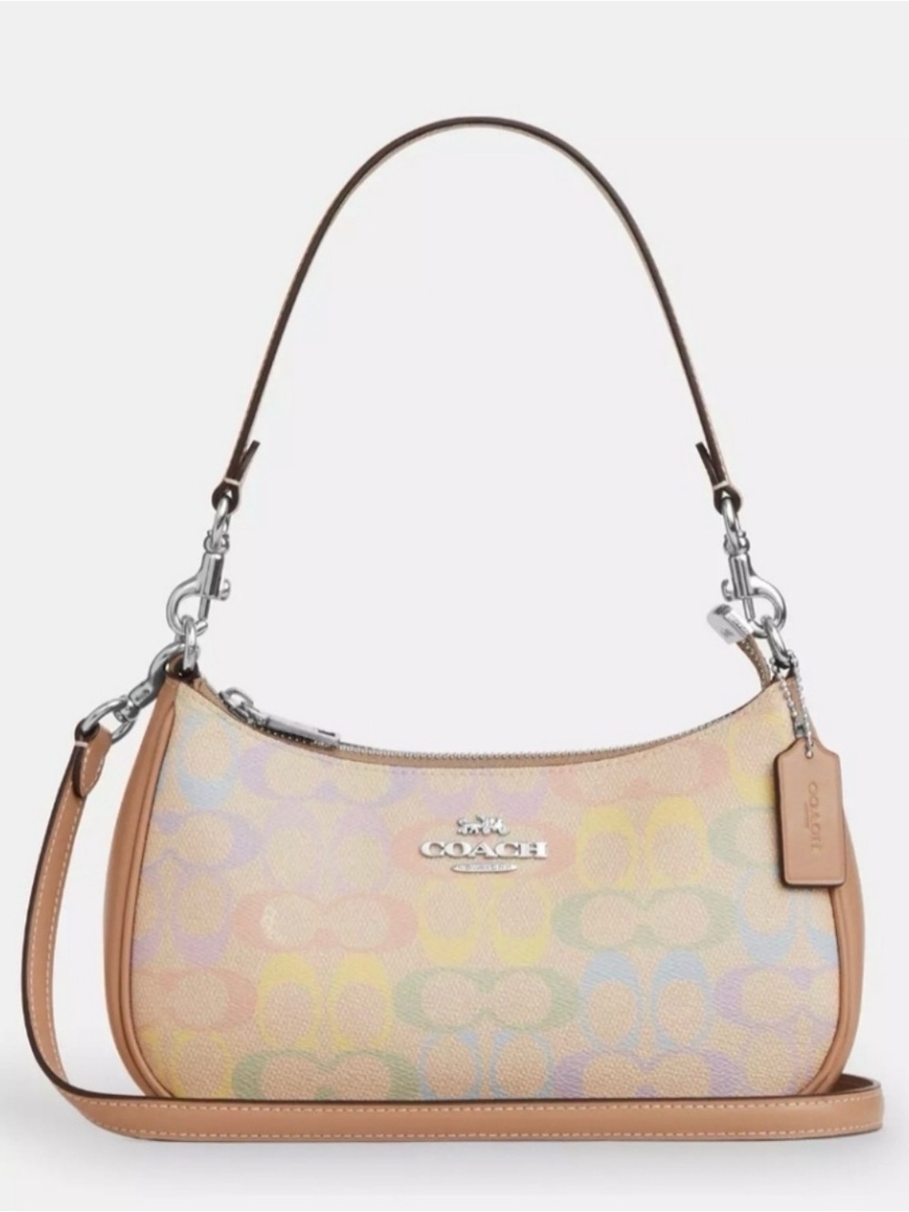 🌈Coach NWT Rainbow Pastel Print Teri Shoulder Bag/Tan Trim/Silver Hardware
